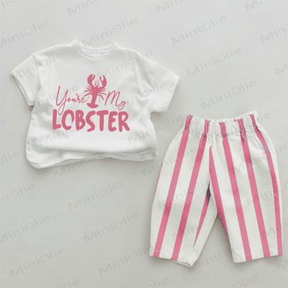 YOU'RE MY LOBSTERベビーロブスタープリント ピンク縦ストライプ 2点セット - ホワイト＆ピンク - 2～3歳 - image 1