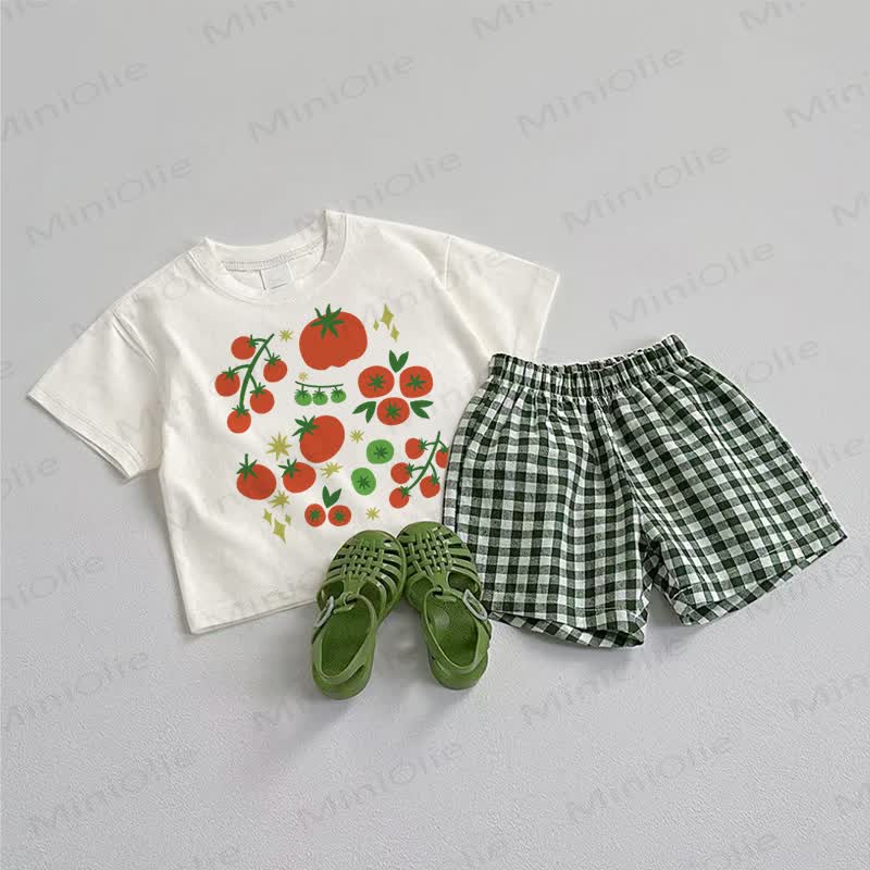 ベビートマト柄Tシャツとチェック柄ショートパンツのツーピースセット - ホワイト＆グリーン - 3～5歳 - image 1