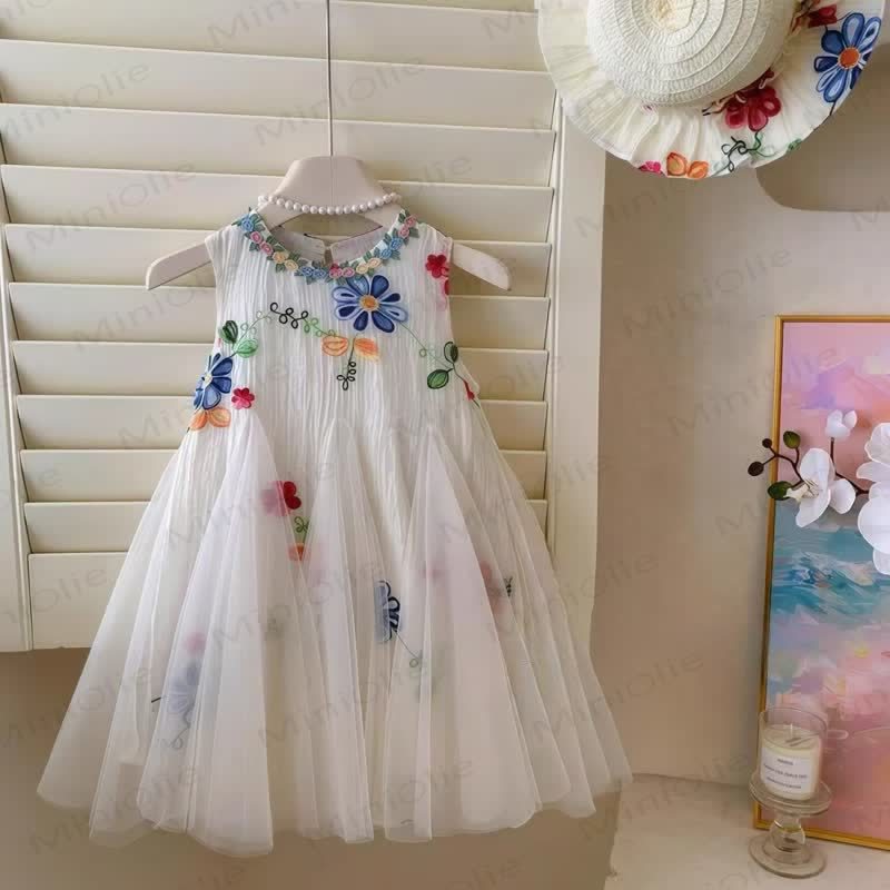 幼児用女の子用フラワーメッシュノースリーブDress - image 3