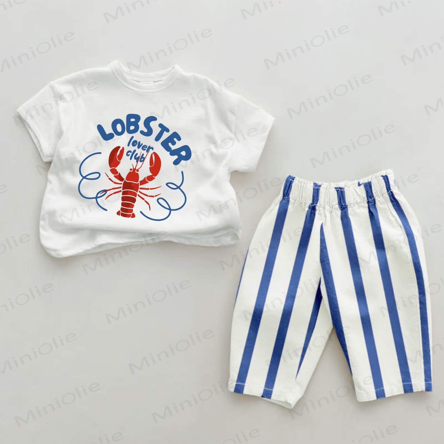 LOBSTER LOVER CLUBベビーロブスタープリント ブルー縦ストライプ 2点セット - ホワイト＆ブルー - 2～3歳 - image 1