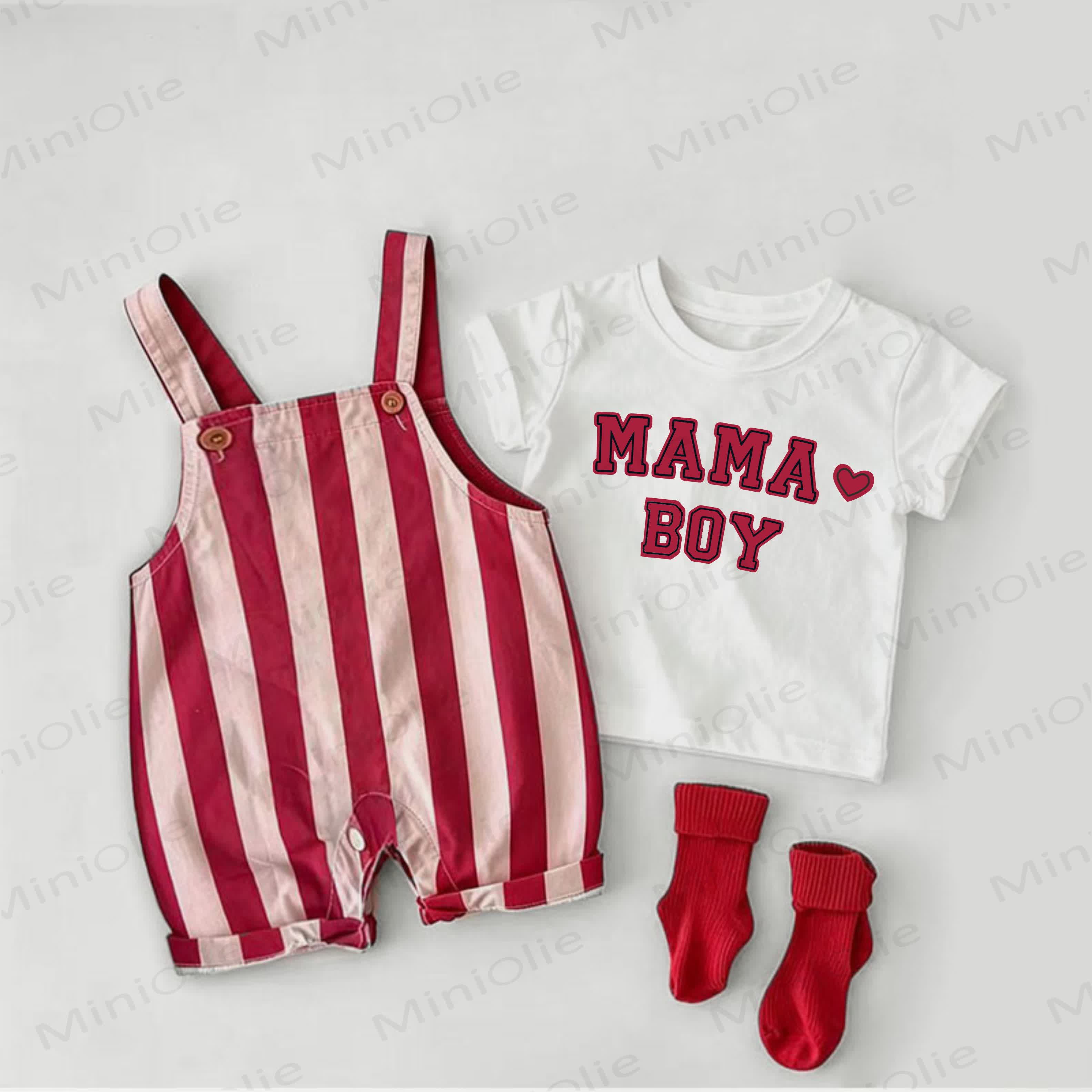 MAMA BOYベビーボーイズ レッドストライプオーバーオールとホワイトTシャツ 2点セット - 白と赤 - 2～3歳 - image 1