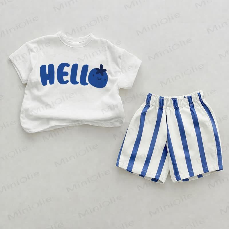 HELLOベビーブルー 縦ストライプ ツーピース ショートパンツセット - ホワイト＆ブルー - 2～3歳 - image 1