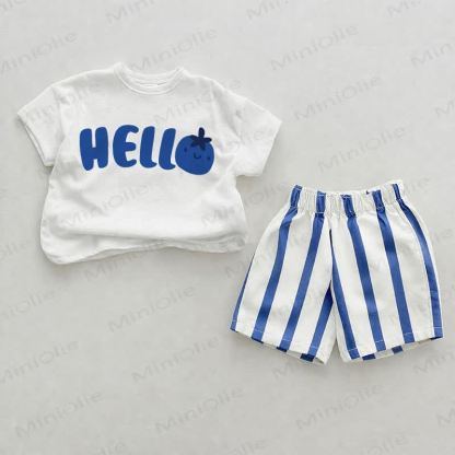 HELLOベビーブルー 縦ストライプ ツーピース ショートパンツセット - ホワイト＆ブルー - 2～3歳 - image 1