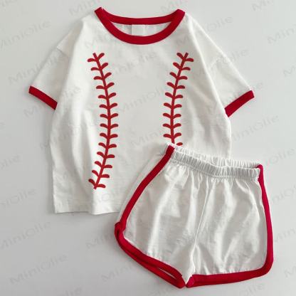 ベビー用野球Tシャツ＆ショートパンツ2点セット - 白と赤 - 3～5歳 - image 1