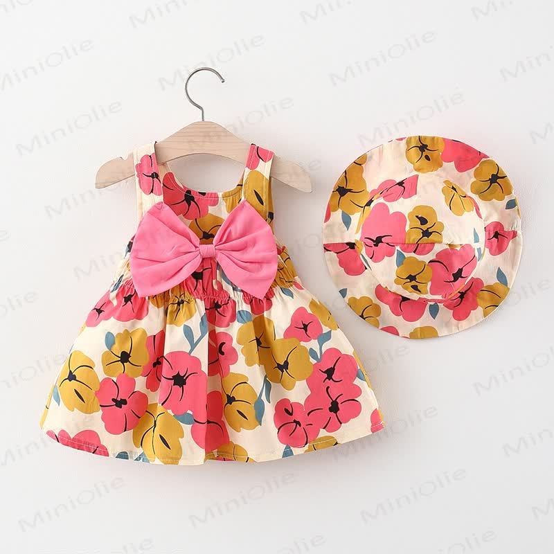 ベビー用蝶結び花柄ドレス（帽子付き） - 黄色 - 2～3歳 - image 3