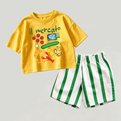 IL MERCATOベビー用 イエロー＆グリーン トップスとストライプ ショートパンツ 2点セット - 黄色と緑 - 2～3歳 - image 1