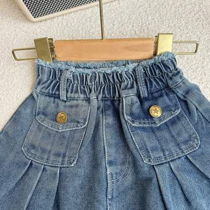 幼児用女の子向けブルーの裾ほつれデニムジャケットとスカートのツーピースセット - image 9