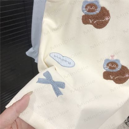 HAPPY幼児用女の子用リボンチェック柄ラブキャットベージュDress＆ブルートップス - image 7