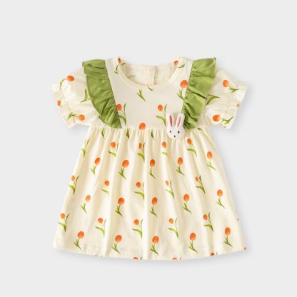 幼児用女の子向けうさぎと花柄のサマーDress - ベージュ - 5～6歳 - image 4