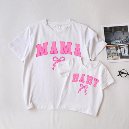 MAMA/BABYのお揃いリボンTシャツ - 白 - 大人用Tシャツ: XL - image 1
