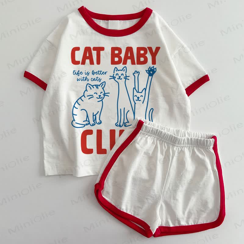 CAT BABY CLUBベビーTシャツ＆ショートパンツ 2点セット - 白と赤 - 3～5歳 - image 1
