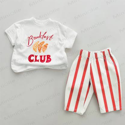 BREAKFAST CLUBベビークロワッサン柄 レッドストライプ 2点セット - 白と赤 - 2～3歳 - image 1