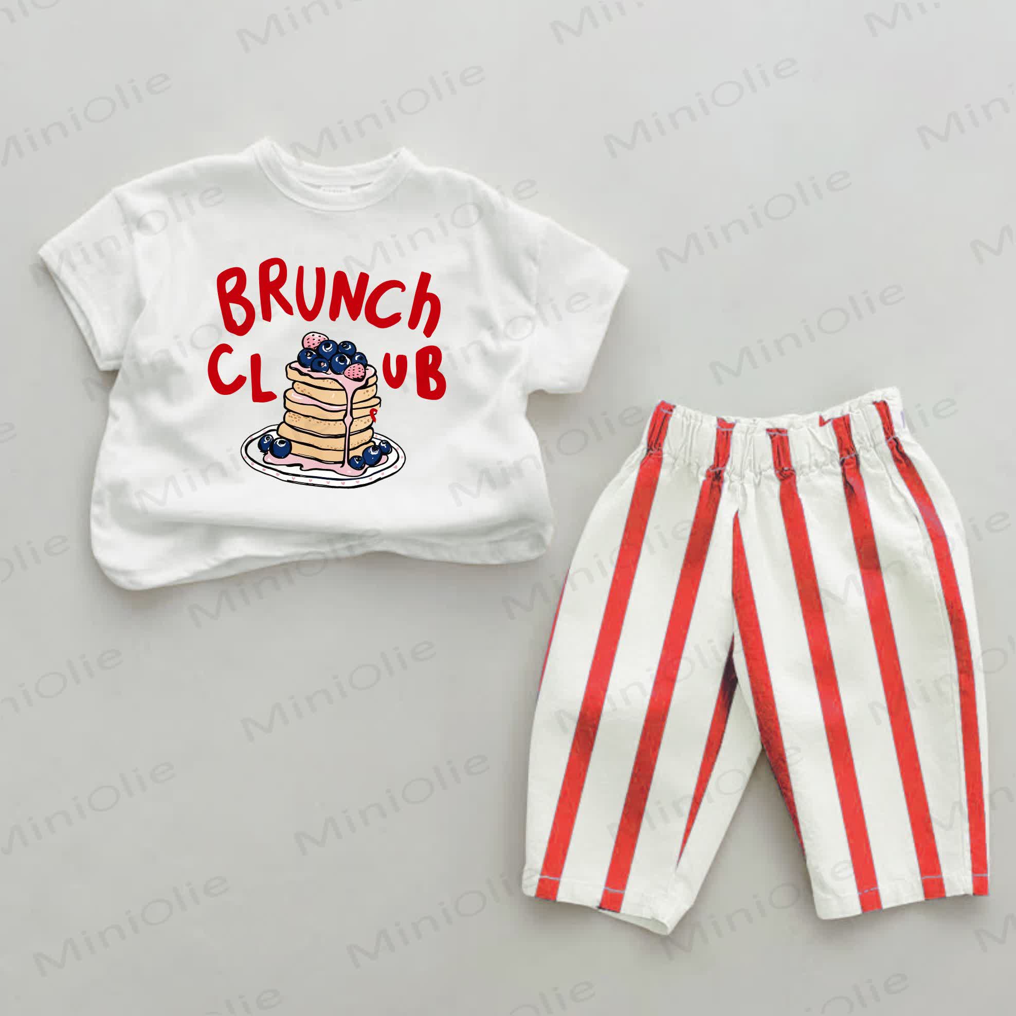BRUNCH CLUBベビーブルーベリーケーキ柄 レッドストライプ 2点セット - 白と赤 - 2～3歳 - image 1