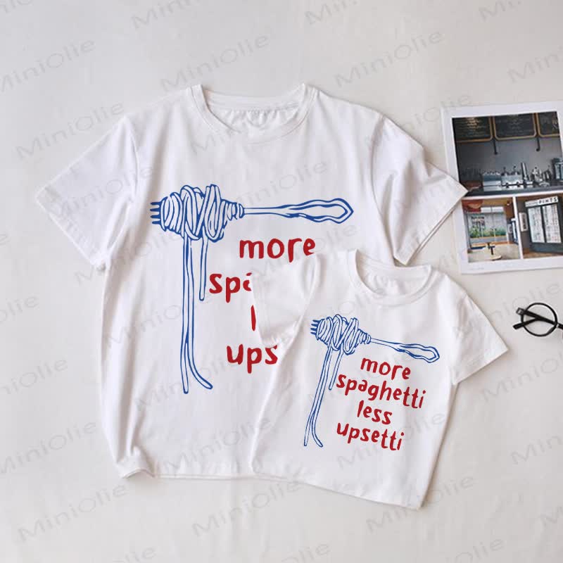 MORE SPAGHETTI LESS UPSETTI！ファミリーお揃いTシャツ - 白 - 大人用Tシャツ: XL - image 1