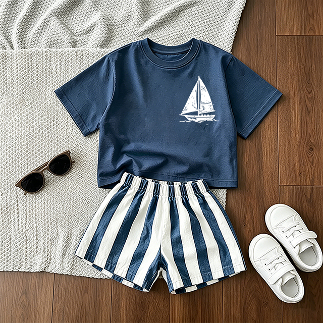 ベビー幼児用ブルーのヨット柄Tシャツとストライプ柄ショートパンツの2点セット - 青 - 3～5歳 - image 1
