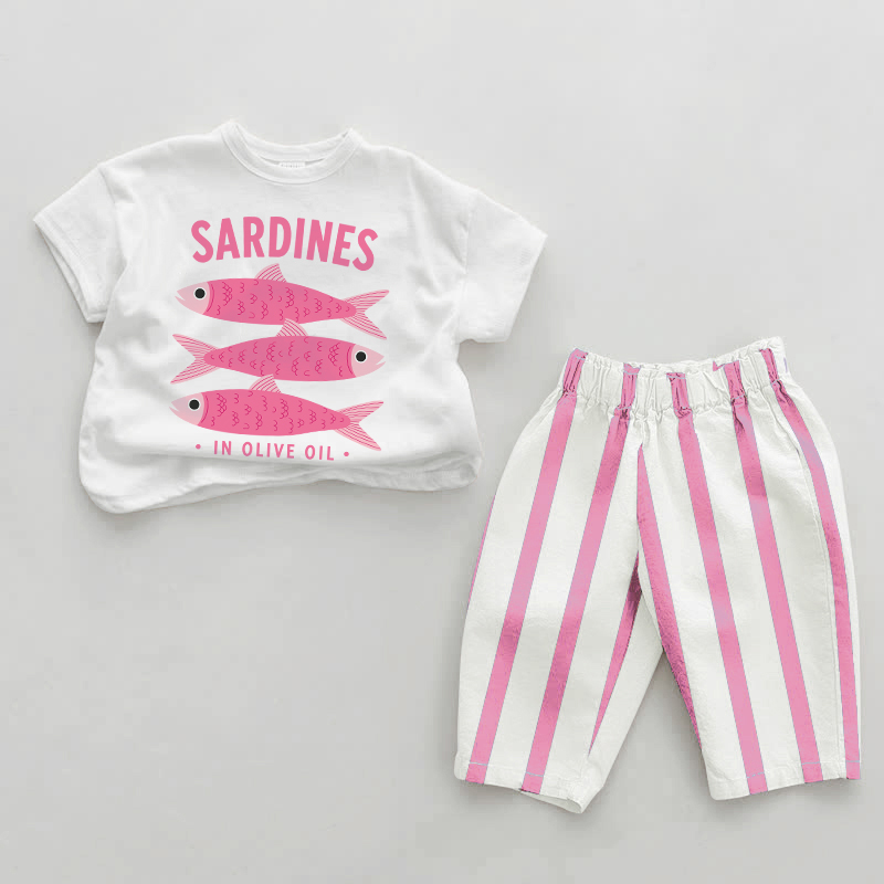 SARDINES IN OLIVE OILイワシ ベビーガール ピンク 縦ストライプ 2点セット - ホワイト＆ピンク - 2～3歳 - image 1