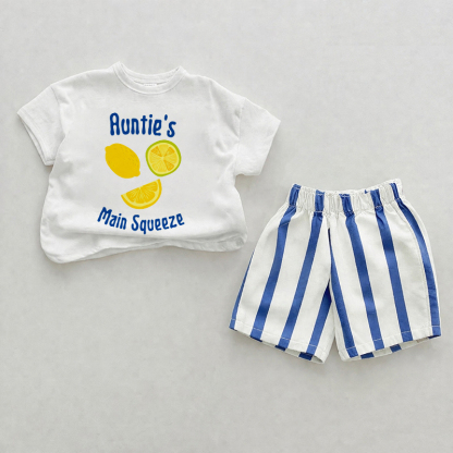 AUNTIE'S MAIN SQUEEZEベビーブルー縦ストライプ ツーピース ショートパンツセット - ホワイト＆ブルー - 2～3歳 - image 1