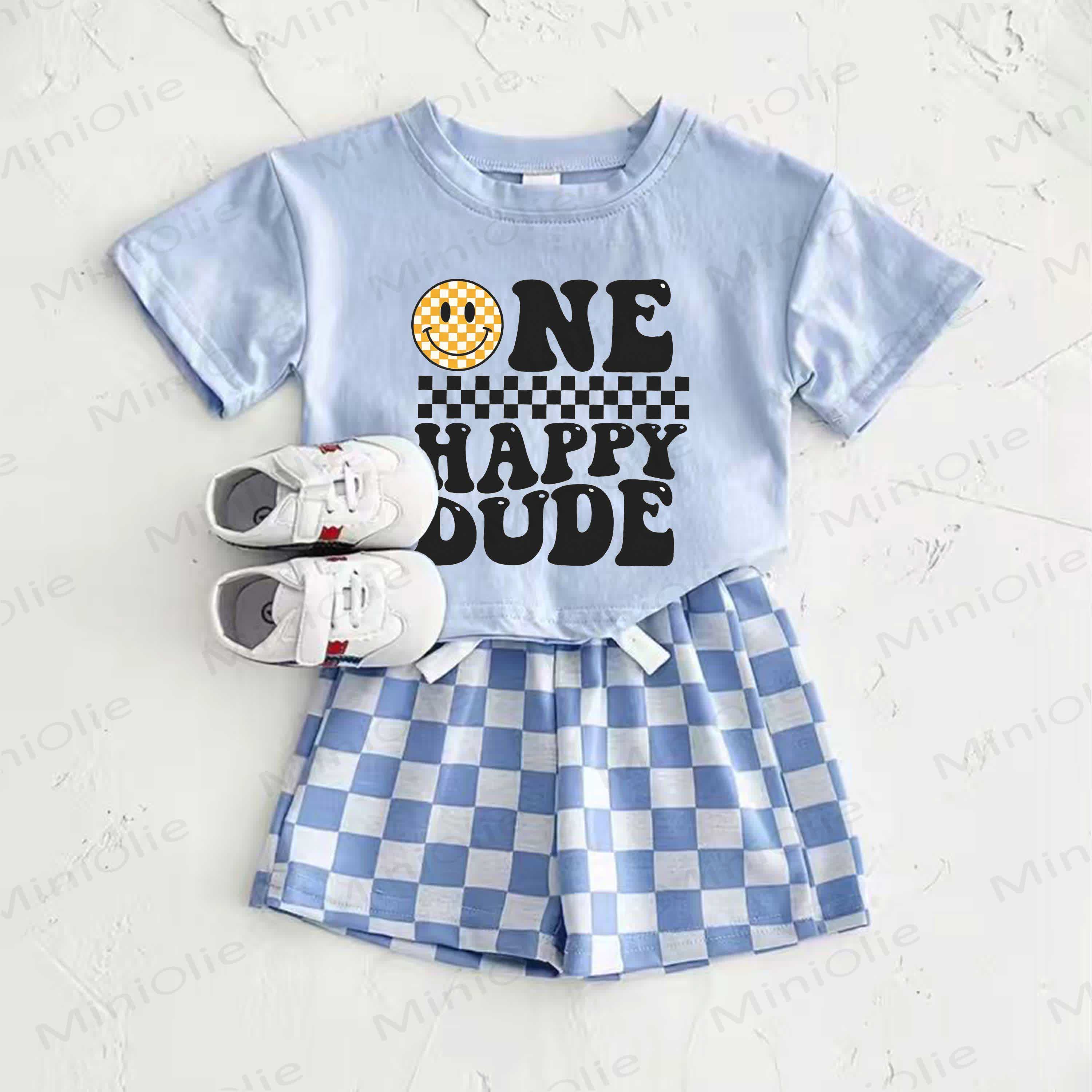 ONE HAPPY DUDEベビーブルー スマイリーフェイスプリントTシャツとチェック柄パンツのツーピースセット - 青 - 2～3歳 - image 1