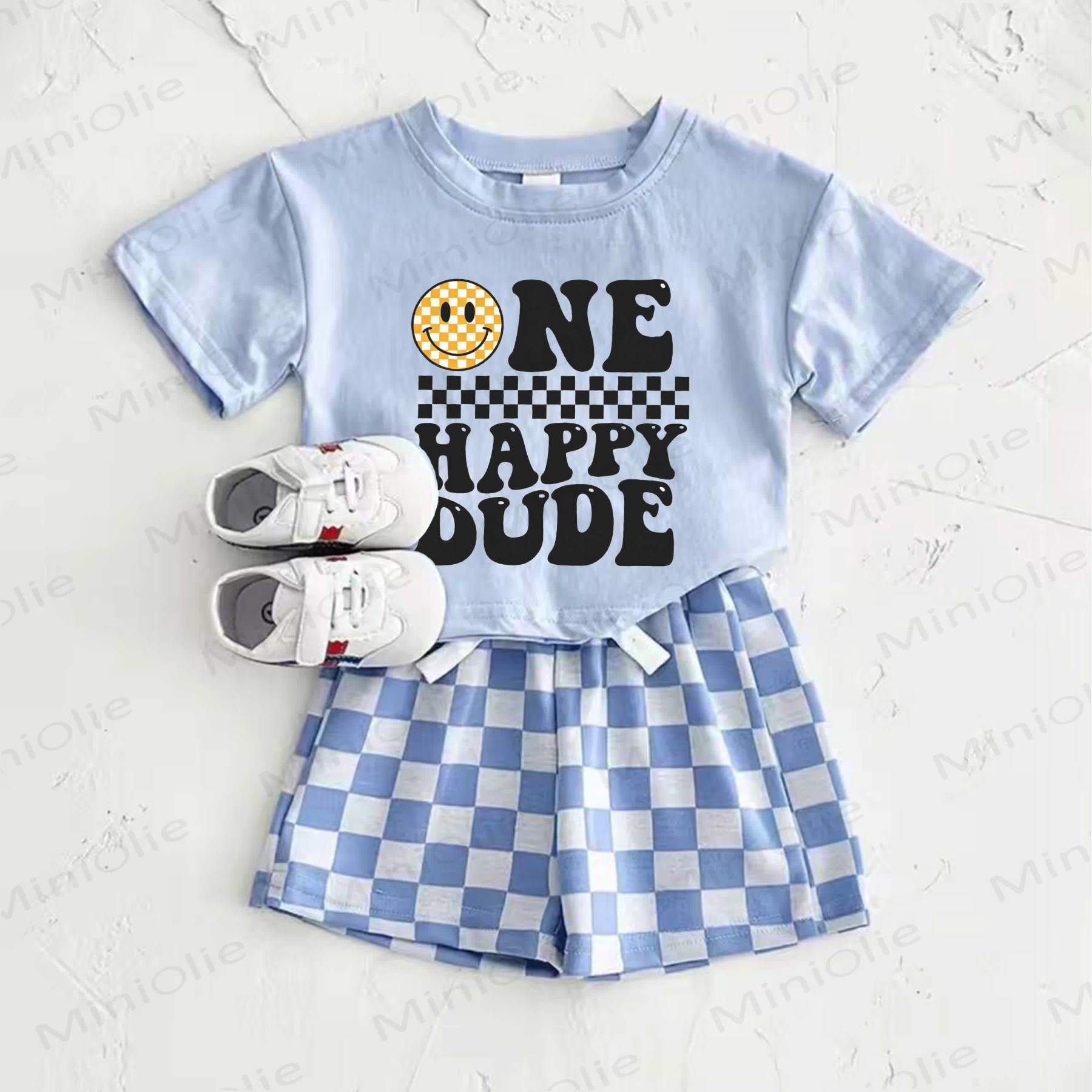 ONE HAPPY DUDEベビーブルー スマイリーフェイスプリントTシャツとチェック柄パンツのツーピースセット - 青 - 2～3歳 - image 1