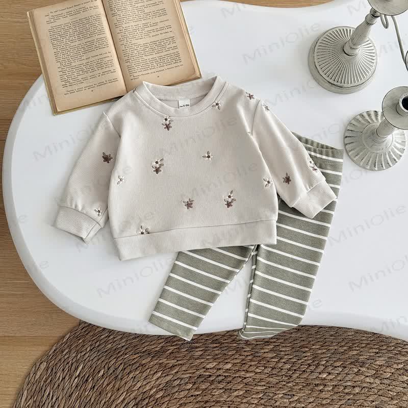 女の子用刺繍フラワーストライプニット2ピースセット - image 3