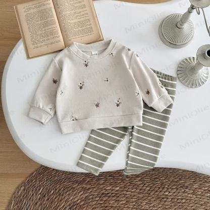 女の子用刺繍フラワーストライプニット2ピースセット - image 3