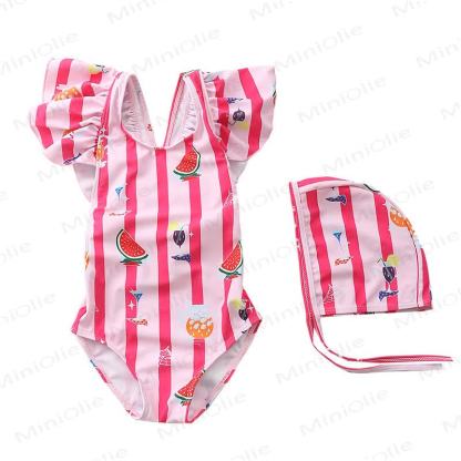 幼児用女の子向けストライプ柄チェック柄フルーツプリント水玉模様水着 - 赤 - 4～5歳 - image 4