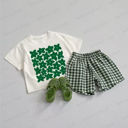 ベビーグリーンの花柄Tシャツとショートパンツの2点セット - ホワイト＆グリーン - 3～5歳 - image 1