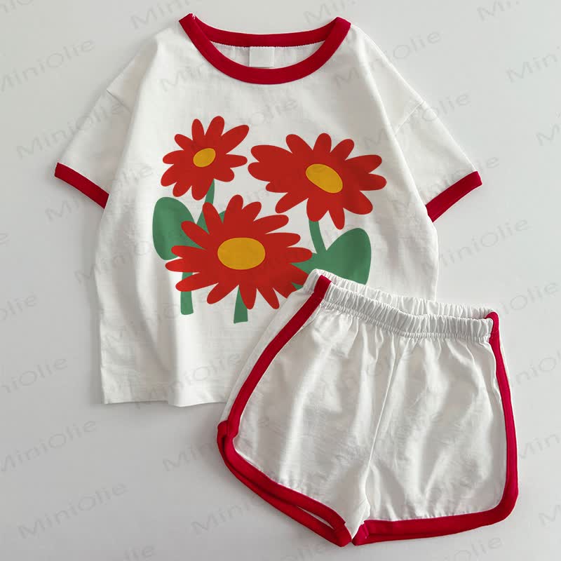 ベビーレッドフラワーTシャツ＆ショートパンツ2点セット - 白と赤 - 3～5歳 - image 1