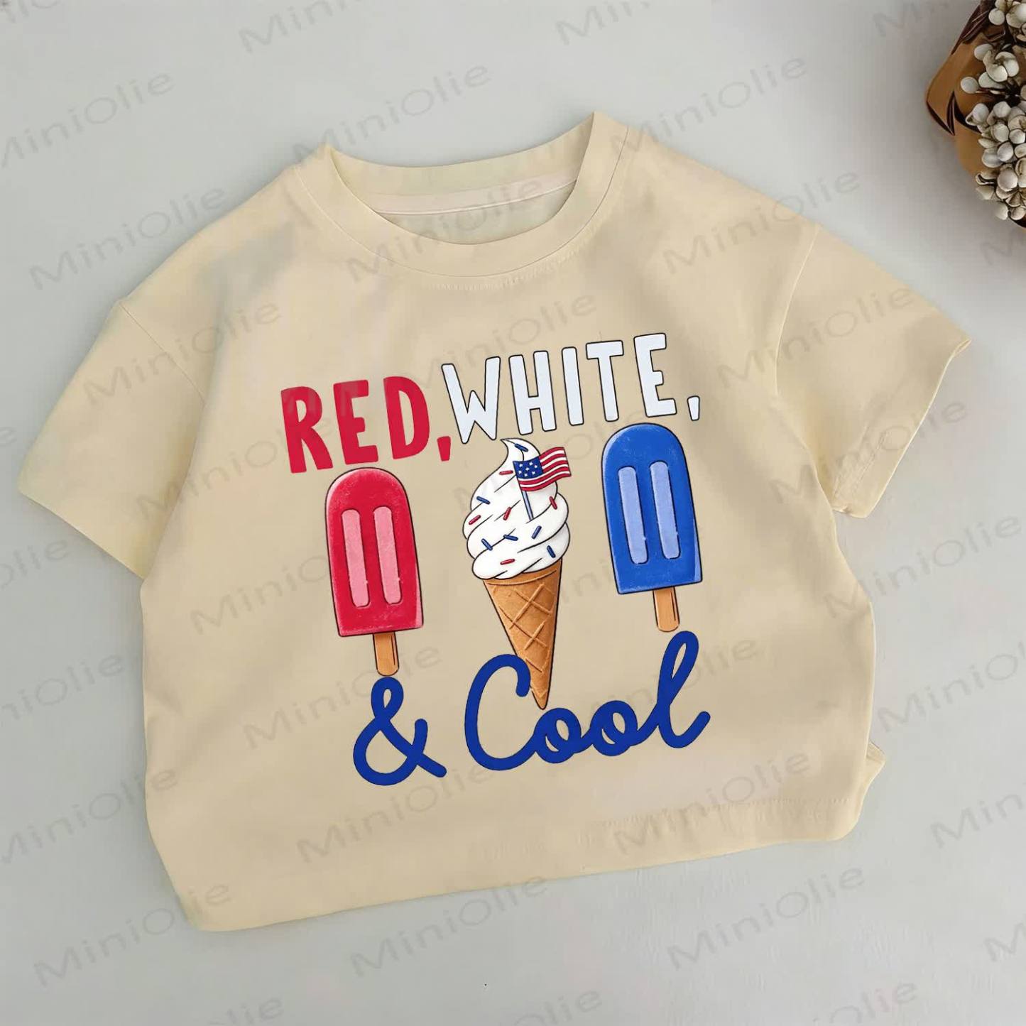 RED, WHITE, &COOL！幼児用アイスクリームプリントカーキTシャツ - カーキ - 6～7歳 - image 1