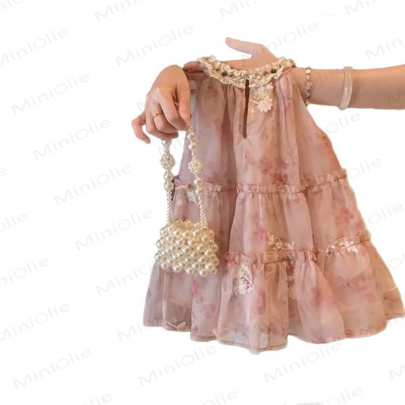 幼児用女の子用ピンクフラワービーズメッシュDress - image 3