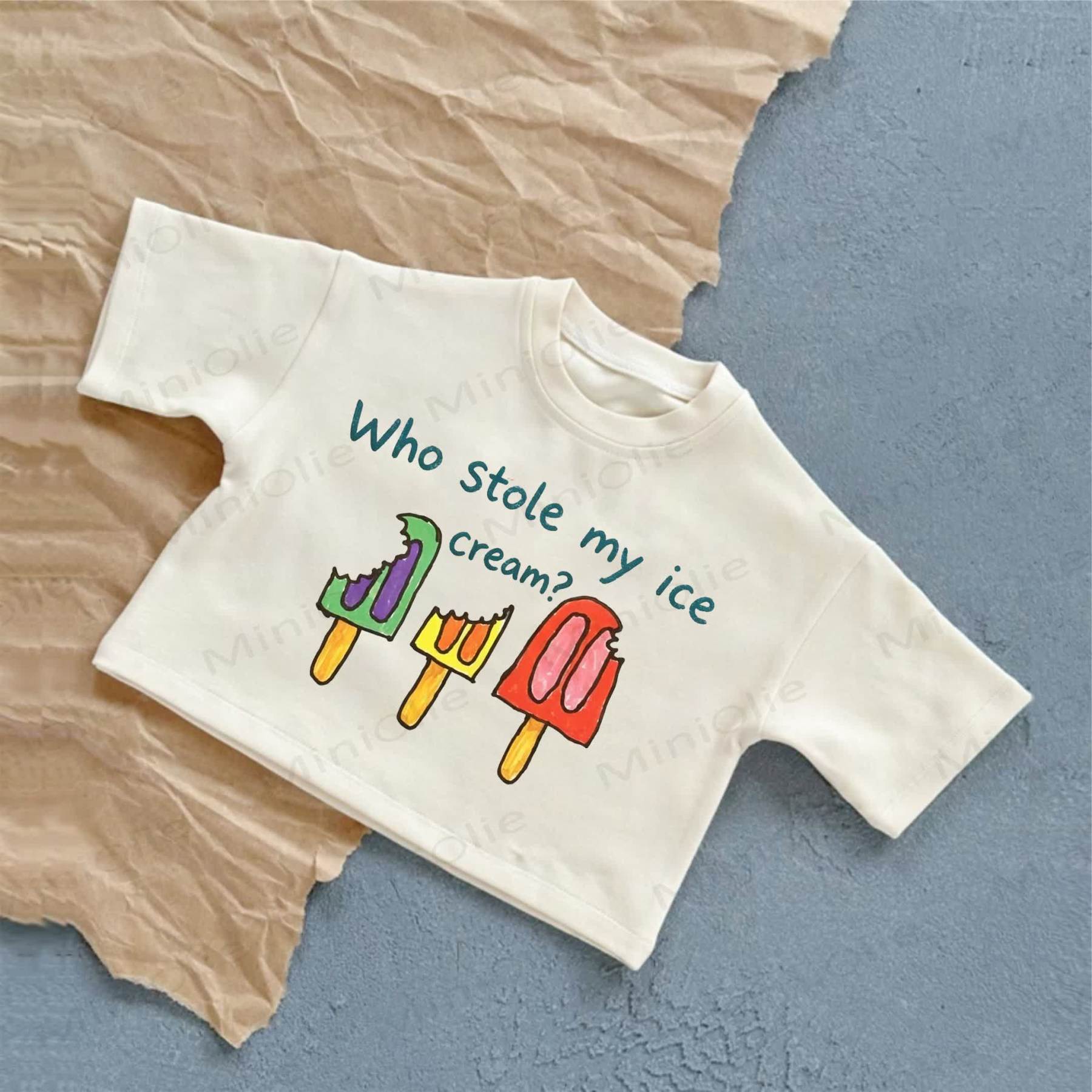 WHO STOLE MY ICE CREAMの？ベビーアイスクリームプリント ホワイトカジュアルTシャツ - 白 - 2～3歳 - image 1