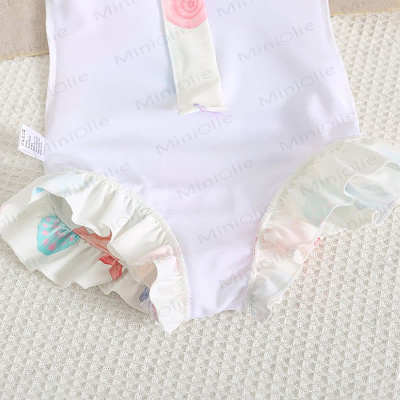 幼児用女の子向けフリル付きラッシュガードワンピース水着（スイムキャップ付き） - image 9