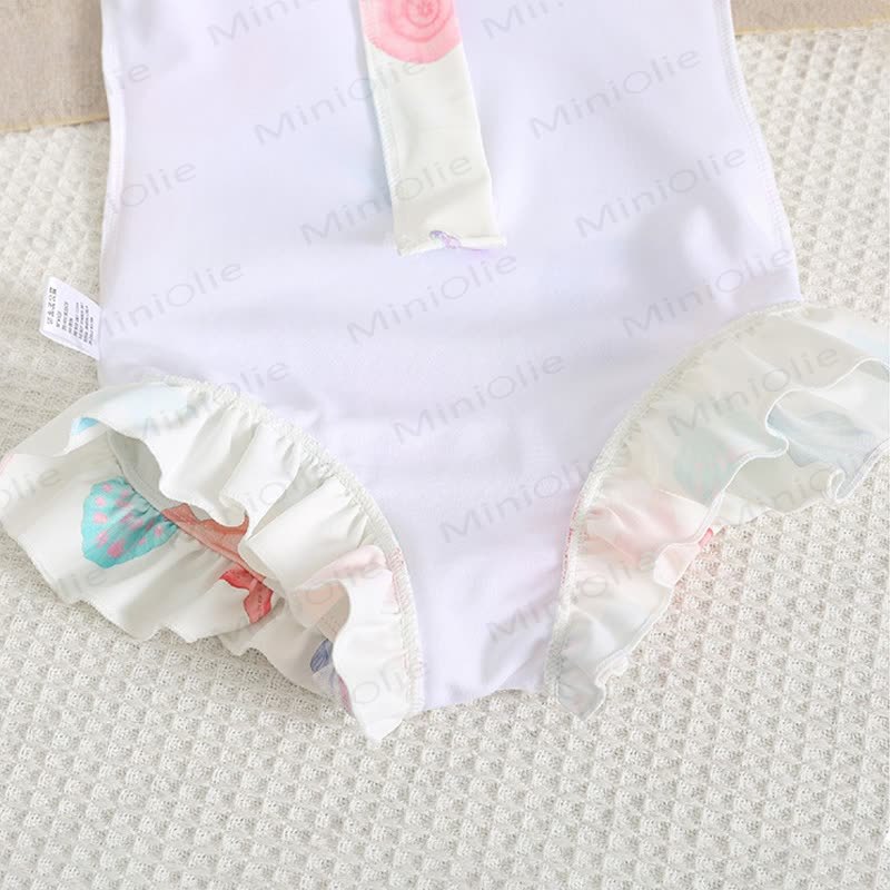 幼児用女の子向けフリル付きラッシュガードワンピース水着（スイムキャップ付き） - image 9