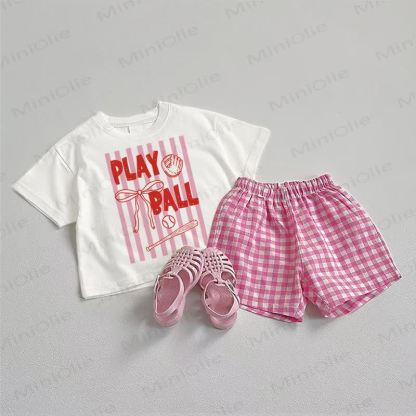 PLAY BALLベビーTシャツとチェック柄ショートパンツの2点セット - ホワイト＆ピンク - 3～5歳 - image 1