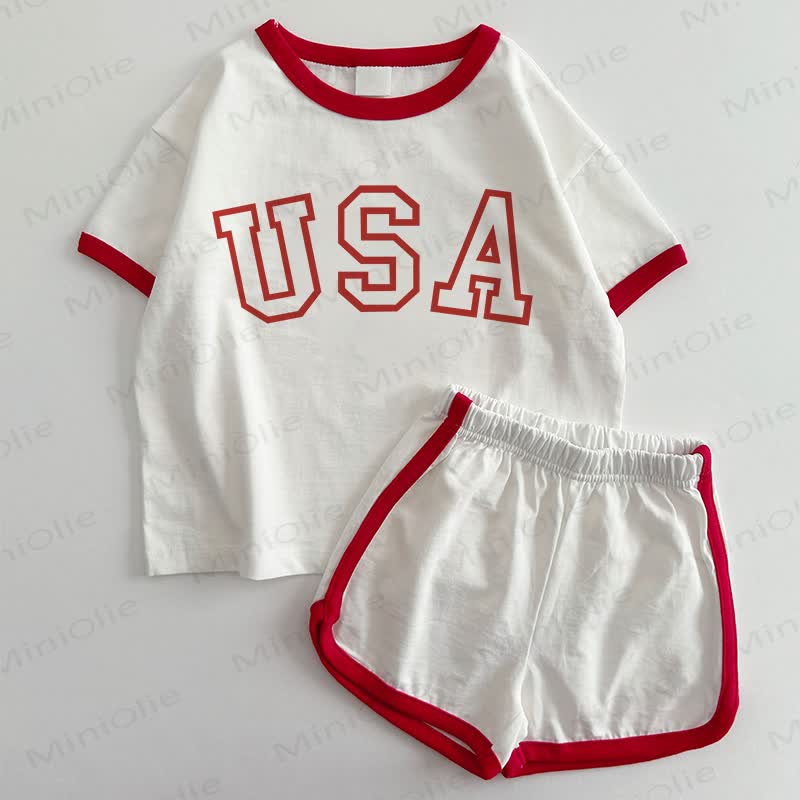 USAベビーTシャツ＆ショートパンツ2点セット - 白と赤 - 3～5歳 - image 1