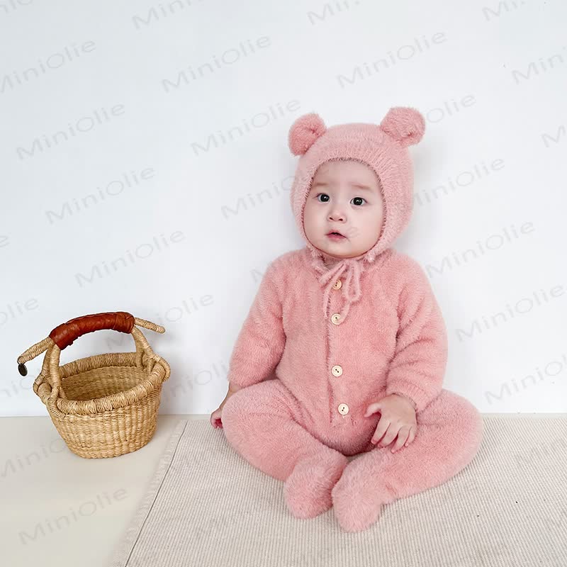 ベビー用フリース素材のクマ耳付き足つきロンパース（帽子付き） - image 11