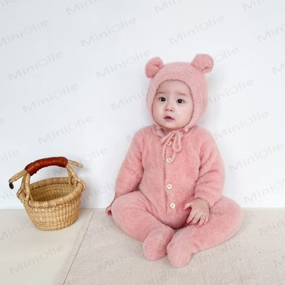 ベビー用フリース素材のクマ耳付き足つきロンパース（帽子付き） - image 11