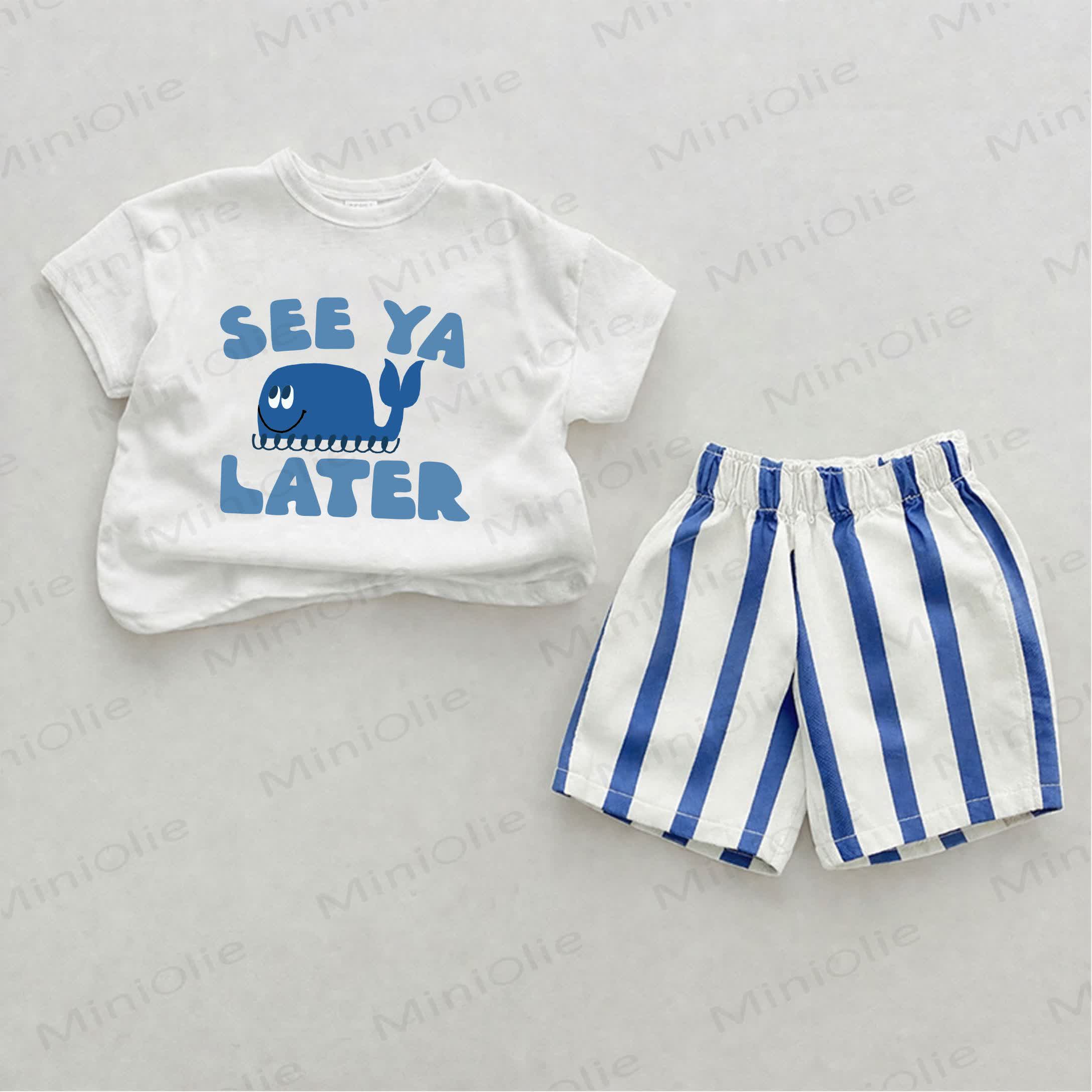 SEE YA LATERベビーホエールプリント ブルー縦ストライプ 2ピース ショートパンツセット - ホワイト＆ブルー - 2～3歳 - image 1