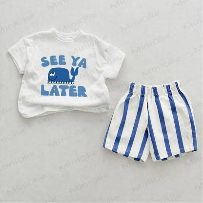 SEE YA LATERベビーホエールプリント ブルー縦ストライプ 2ピース ショートパンツセット - ホワイト＆ブルー - 2～3歳 - image 1