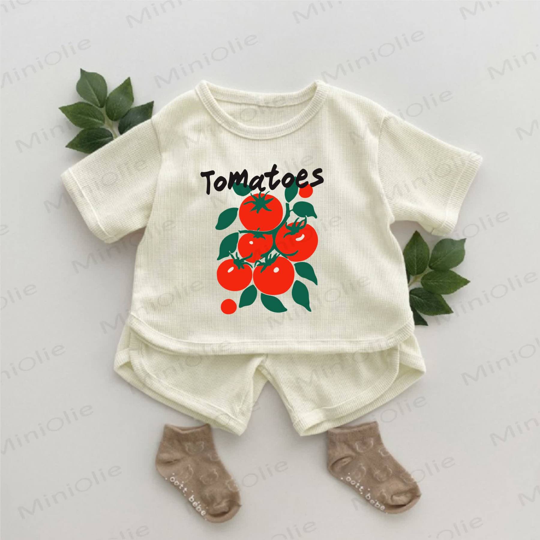 TOMATOESベビートマト柄のスローガン入りワッフル 2枚セット - アプリコット - 2～3歳 - image 1