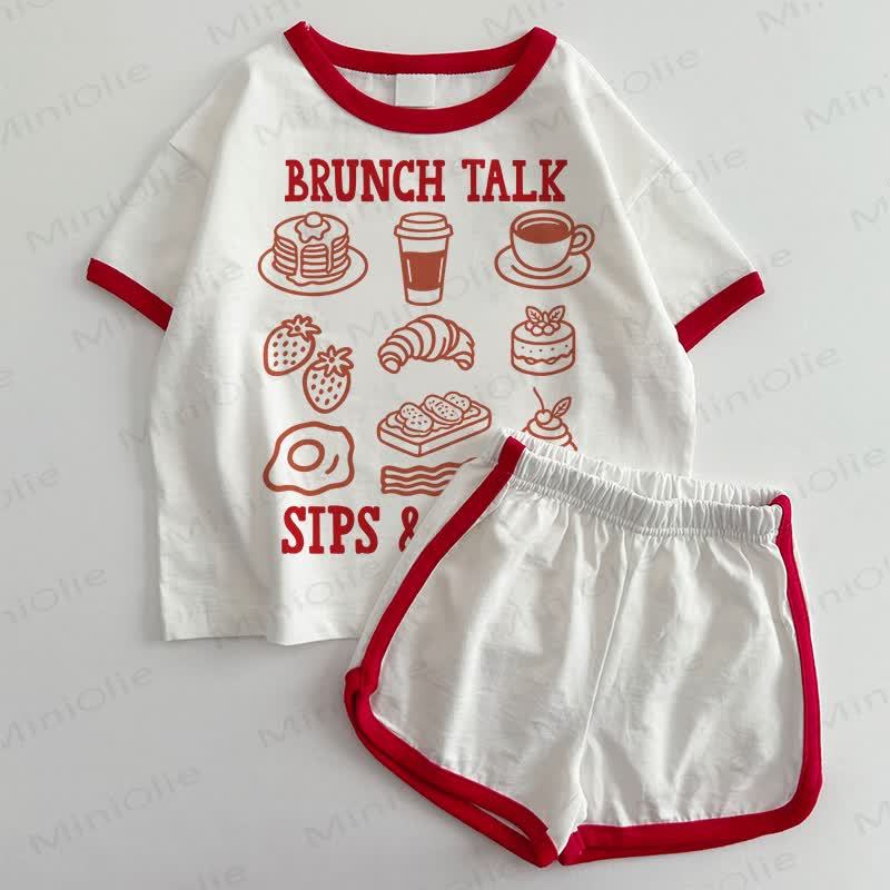 BRUNCH TALK SIPS & BITESベビーTシャツ＆ショートパンツ 2点セット - 白と赤 - 3～5歳 - image 1