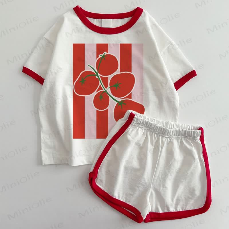 ベビートマト柄Tシャツ＆ショートパンツ 2点セット - 白と赤 - 3～5歳 - image 1