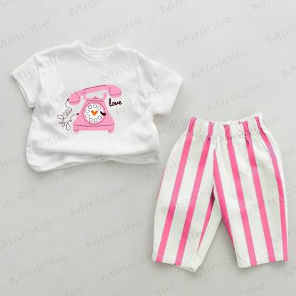 LOVEベビー ランドラインプリント ピンク 縦ストライプ 2点セット - ホワイト＆ピンク - 2～3歳 - image 1
