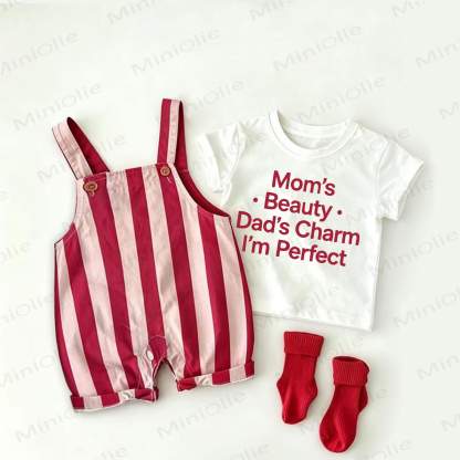MOM'Sの美しさ、パパの魅力、Mは完璧！ベビー用スローガン入り赤ストライプオーバーオールと白Tシャツのツーピースセット - 白と赤 - 2～3歳 - image 1