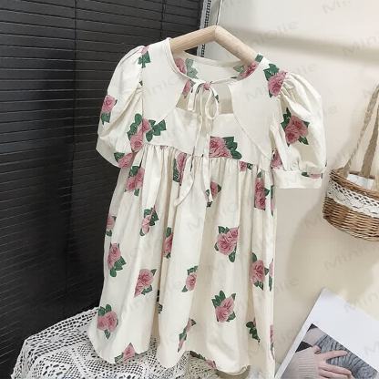 幼児用女の子向け花柄コットンパフスリーブDress - image 3