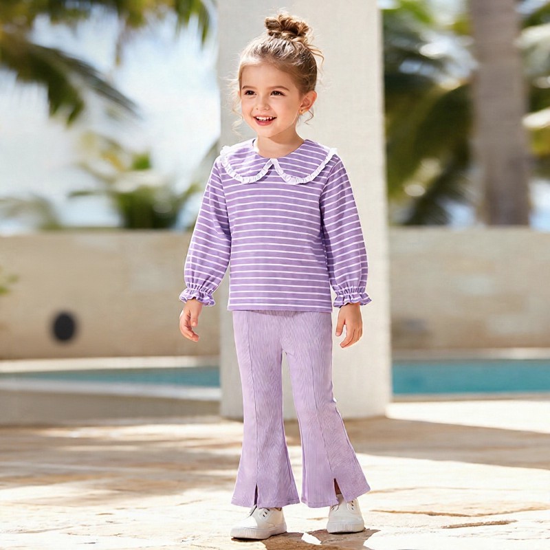 幼児用女の子向けパープルストライプトップスとフレアパンツのツーピースセット - image 1