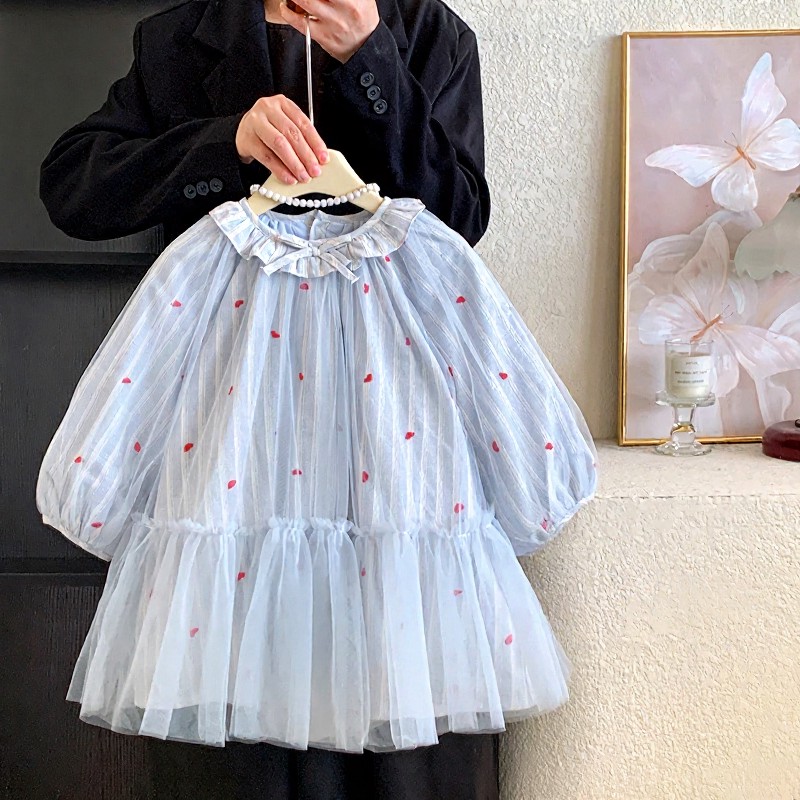 幼児用女の子向けハート刺繍入りチュールDress - 青 - 8-9T - image 1