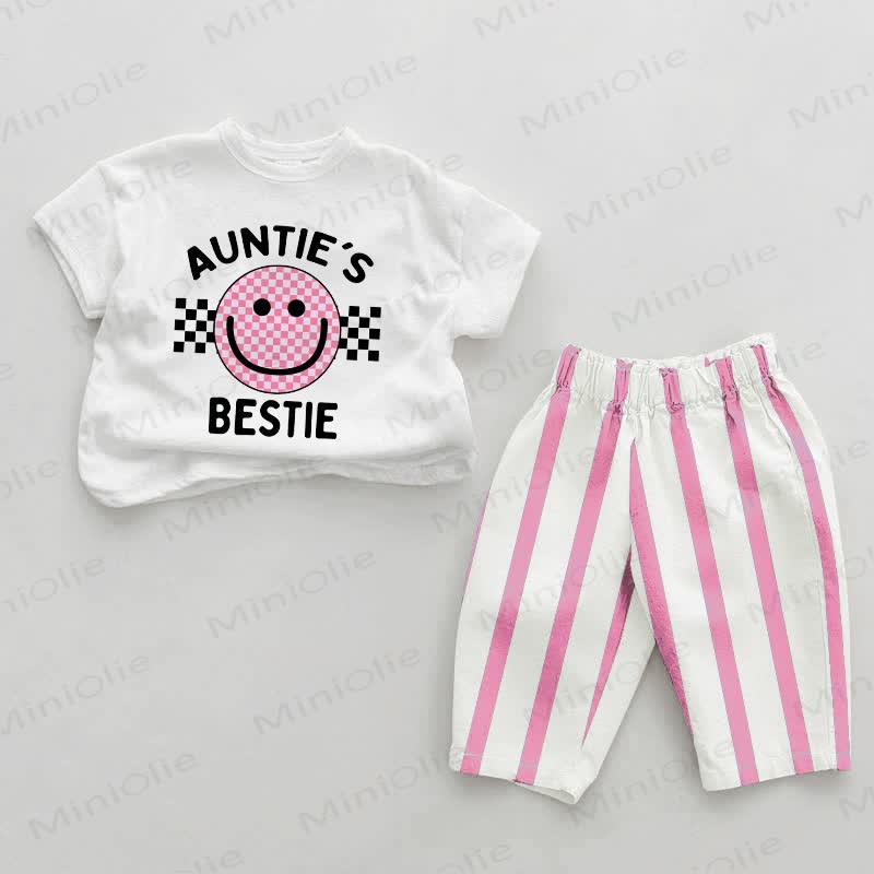 AUNTIE'S BESTIEベビースマイルフェイス ピンク縦ストライプ 2点セット - ホワイト＆ピンク - 2～3歳 - image 1