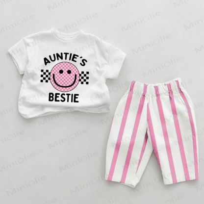 AUNTIE'S BESTIEベビースマイルフェイス ピンク縦ストライプ 2点セット - ホワイト＆ピンク - 2～3歳 - image 1