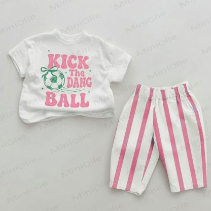 KICK THE DANG BALL ベビーガールズ フットボールプリント ピンク 縦ストライプ 2点セット - ホワイト＆ピンク - 2～3歳 - image 1